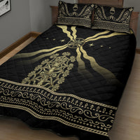 Black quilt bed set with quilted texture, gold wave border and large gold crest on bed