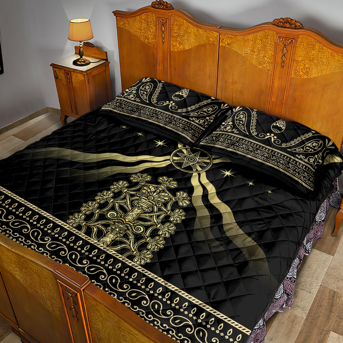 Black quilt bed set with gold stripe design, star motifs, and decorative band border on bed