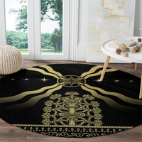 Black round rug with gold rays, central symbol, and patterned stripe border