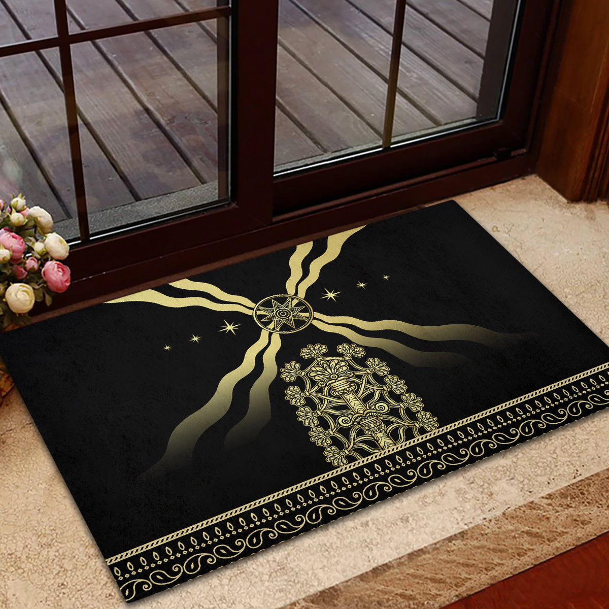 Black rubber doormat with gold mythic crest and sunburst rays, detailed trim