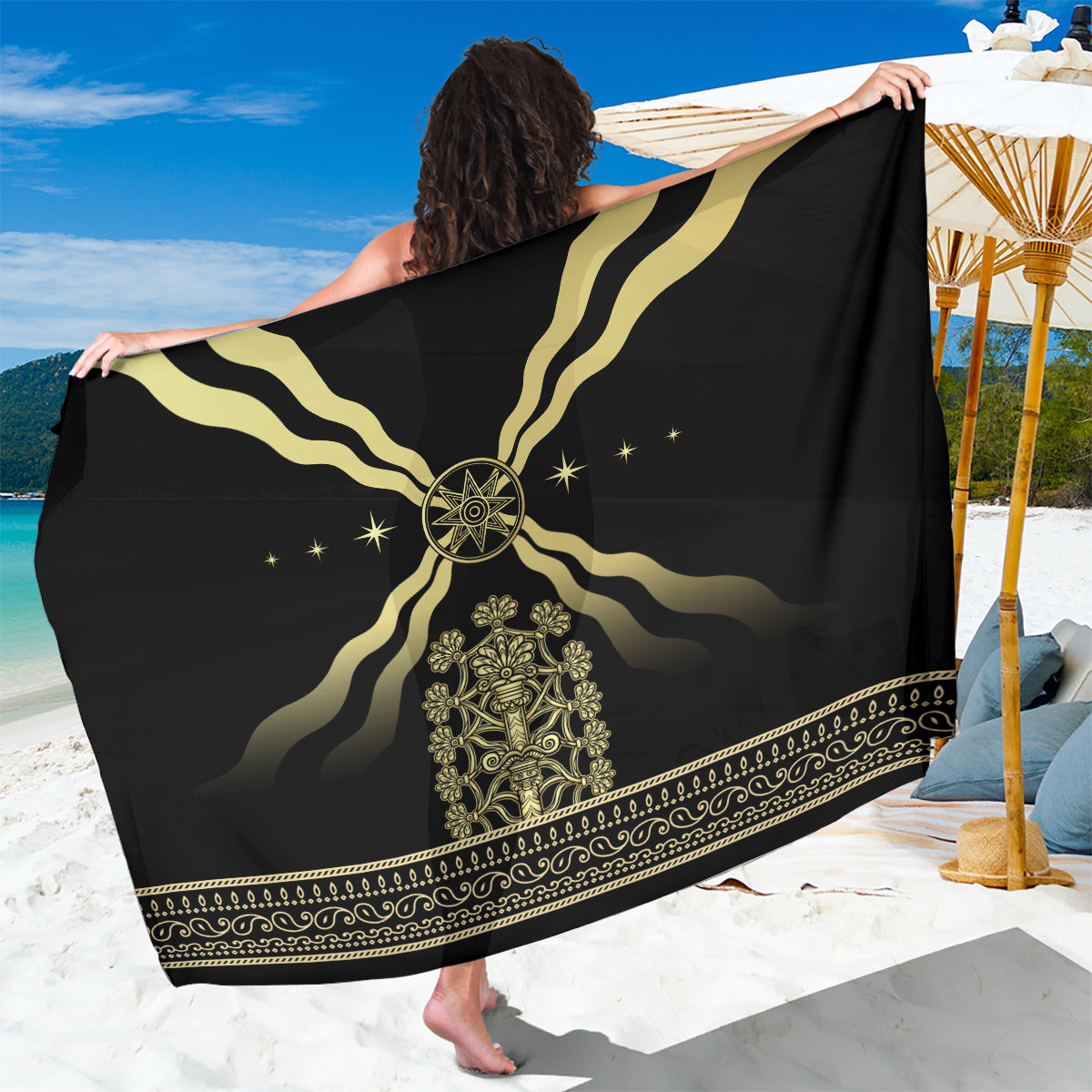 Black sarong with gold wave design, central star medallion, and ornate border