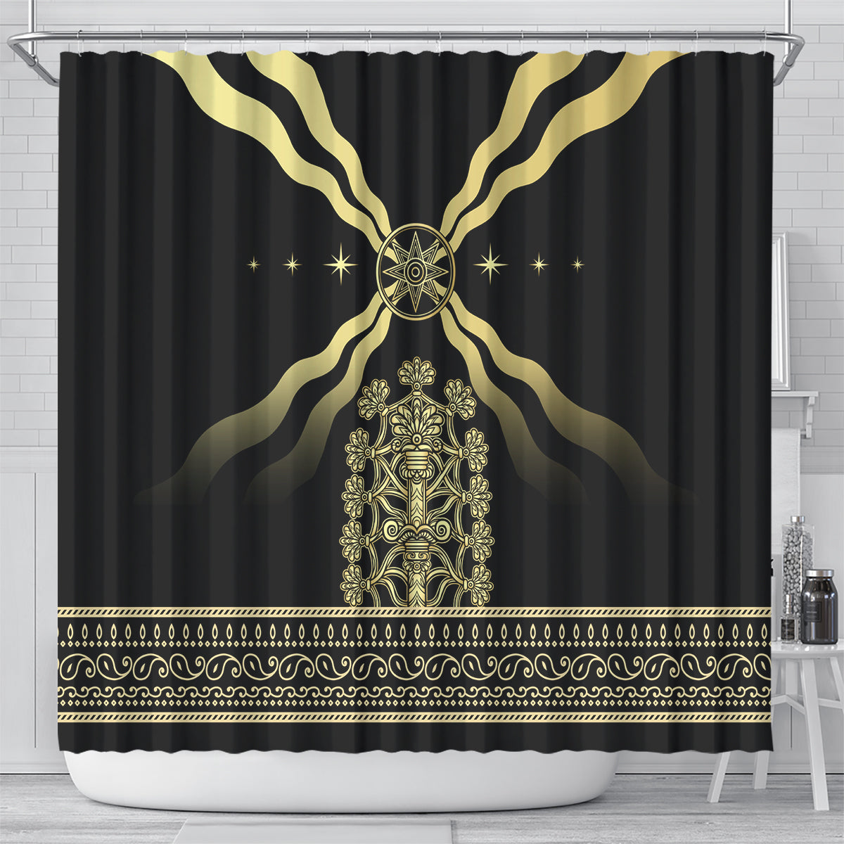 Black shower curtain with gold central ornate monument, winged rays, and decorative border strip
