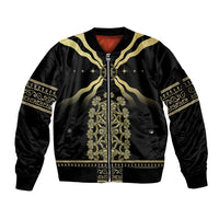Black bomber jacket with gold graphic embroidery, front zip, long sleeves.