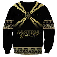 Black crewneck sweatshirt with gold star emblem and large cursive 'Your Text' lettering