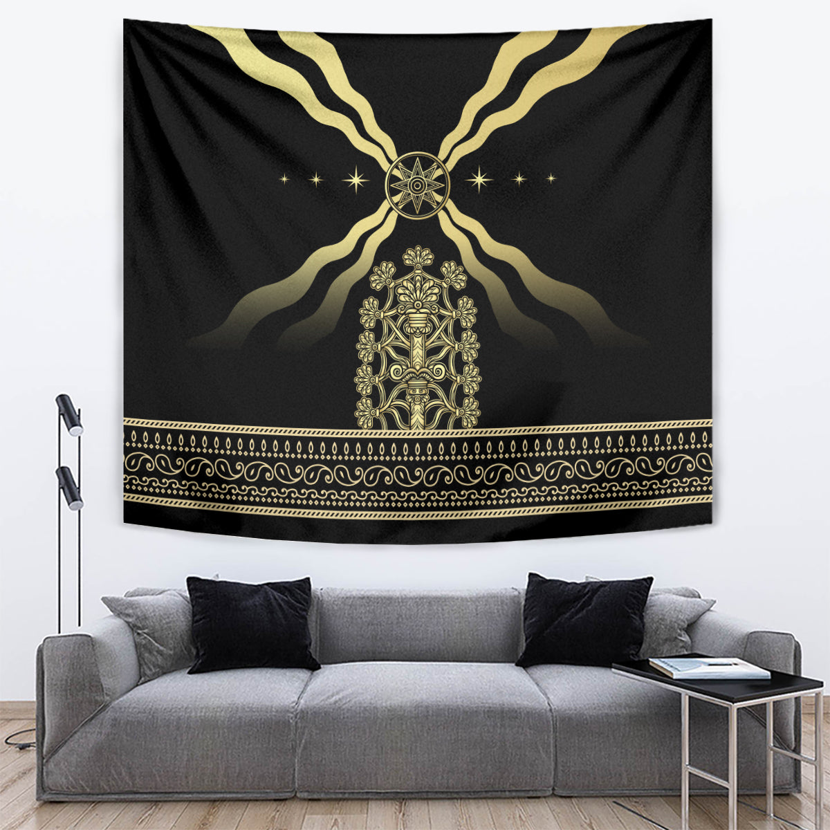 Black tapestry with gold emblem, star-like details, and long decorative border along the bottom edge