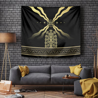 Black Assyrian-style myth tapestry with gold central figure and radiating symbol rays