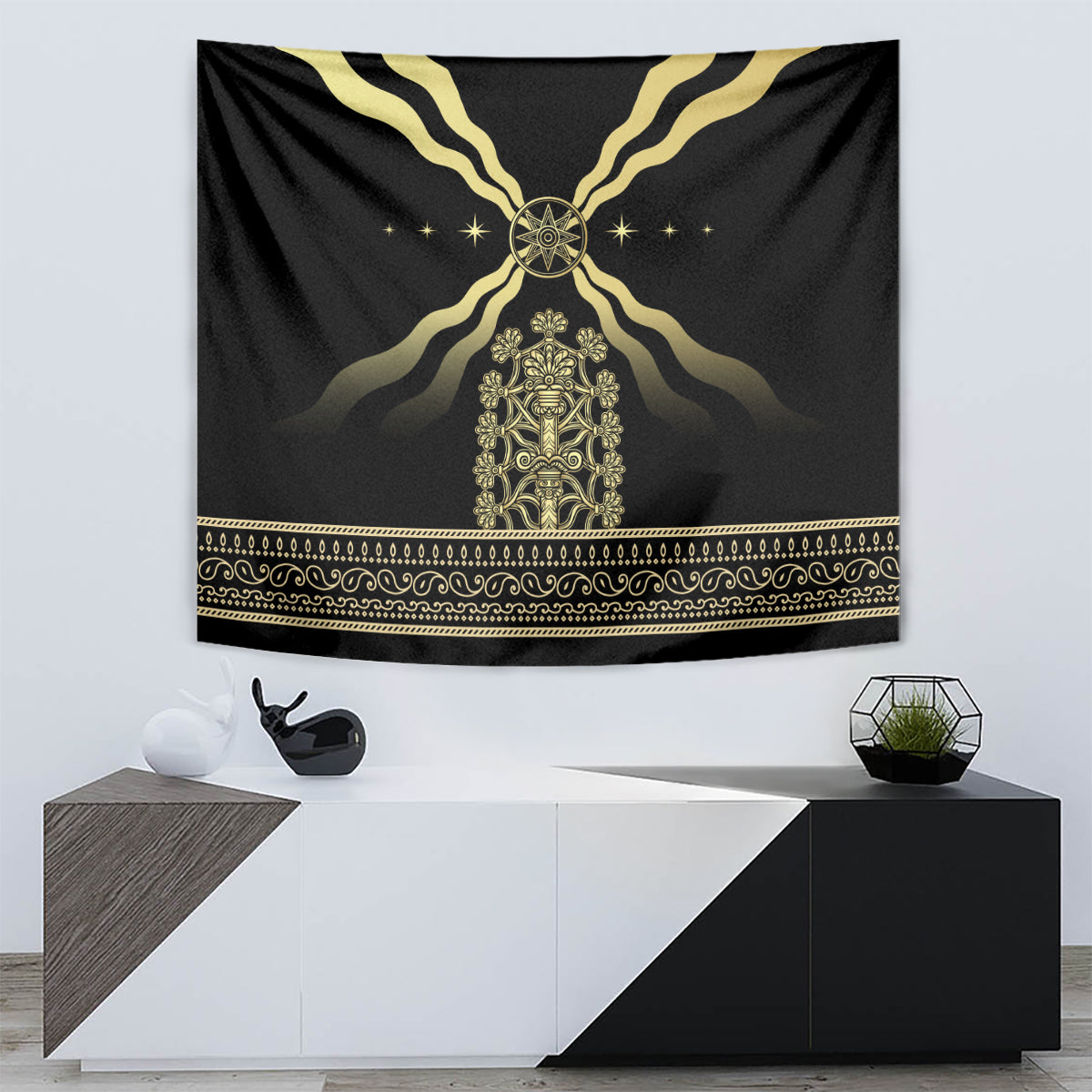 Black wall tapestry with gold central Assyrian motif, star accents, and decorative gold hem border