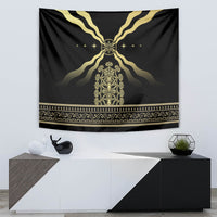 Black wall tapestry with gold central Assyrian motif, star accents, and decorative gold hem border