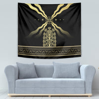 Black Assyrian myth tapestry with gold vertical central figure, glowing stars, and patterned trim
