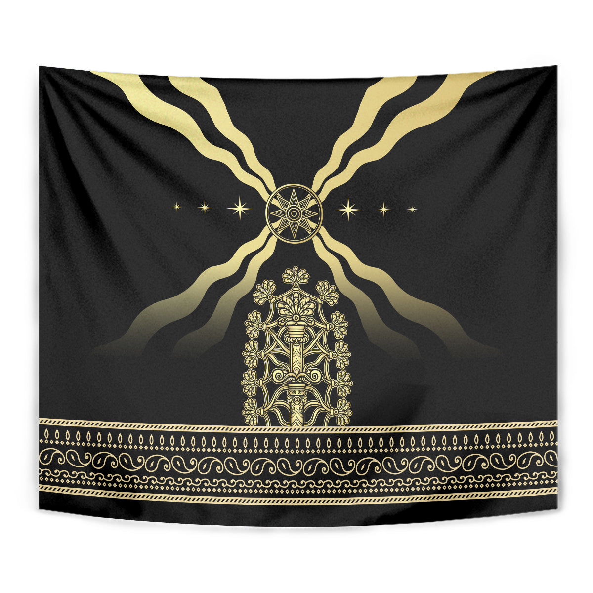 Black myth tapestry with gold radiating symbol, circular compass-like center, and ornate central relief