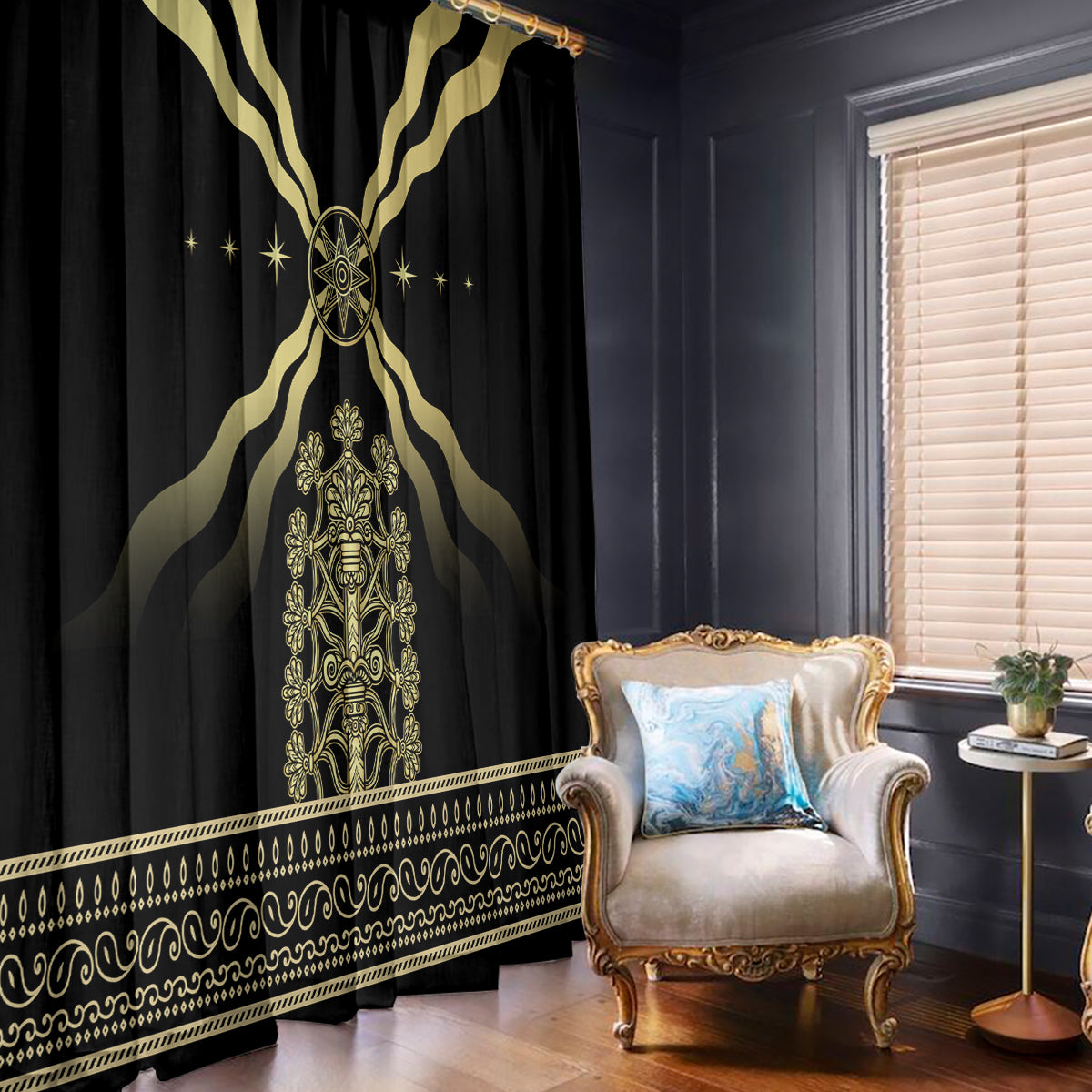 Black curtain panel with gold sunburst rays and detailed ornamental central motif