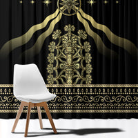 Black curtain panel with large gold crest and decorative horizontal band at hem
