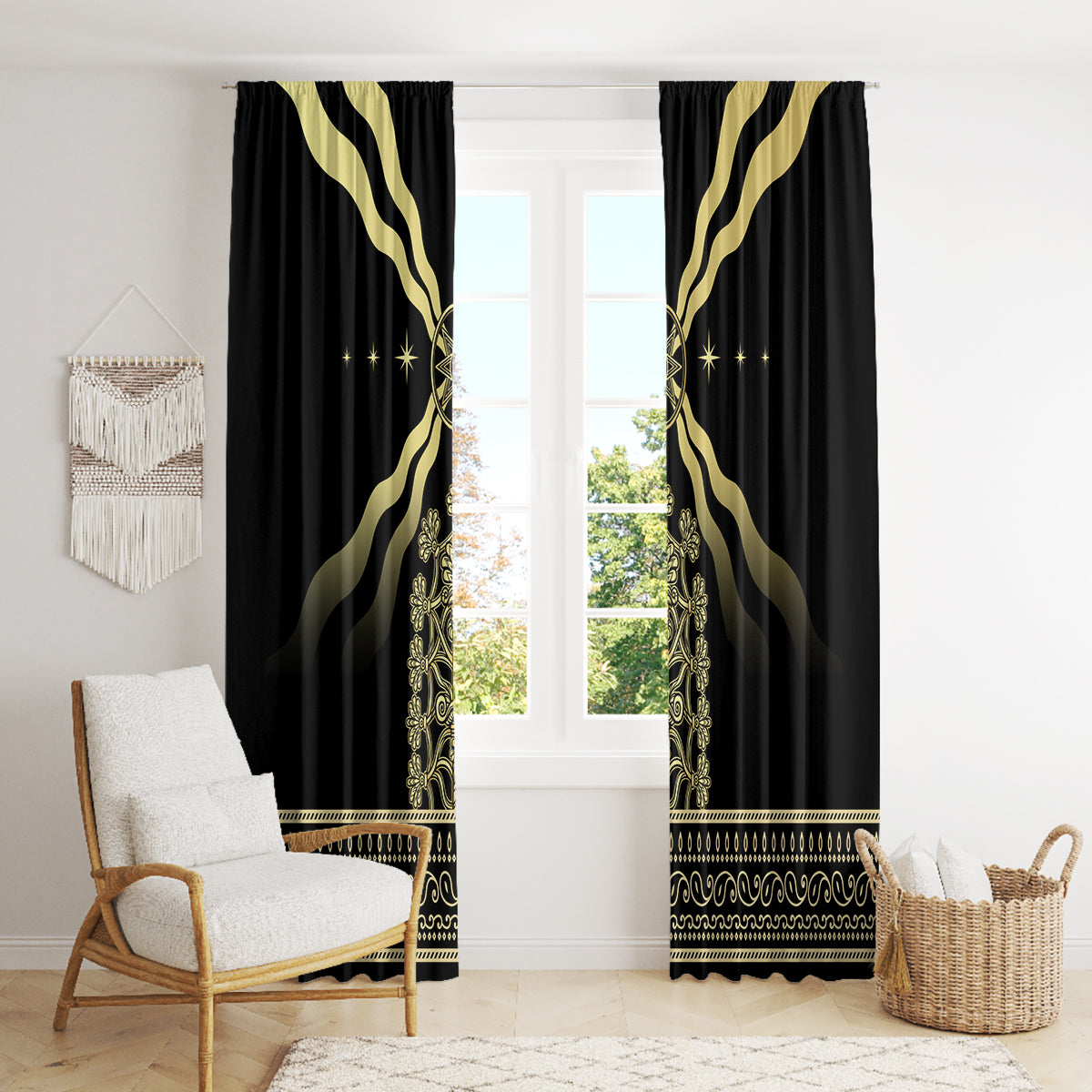 Black window curtain panels with gold rays and vertical ornament detail along center