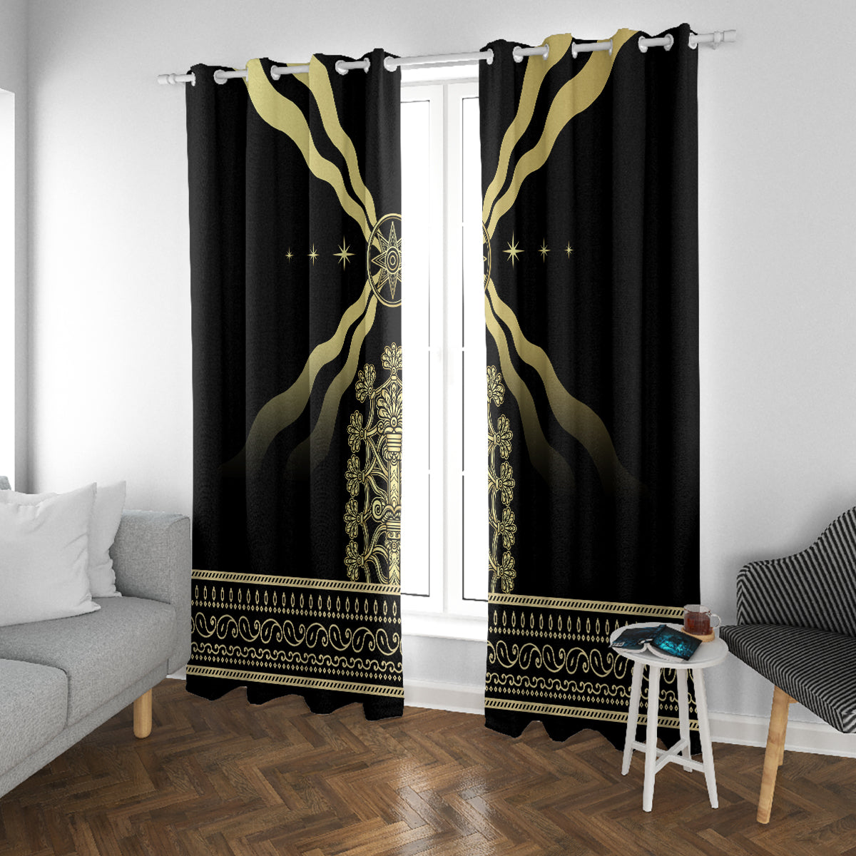 Black curtain panels with gold medallion rays and decorative banded trim at bottom