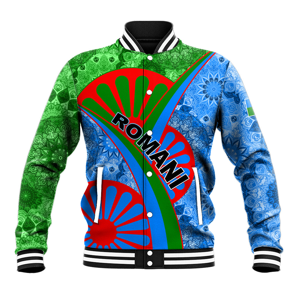 Unisex baseball jacket, green and blue tribal print with red diagonal stripe and button front