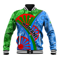 Unisex baseball jacket, green and blue tribal print with red diagonal stripe and button front