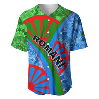 Colorful baseball jersey with blue, green, and red tribal patterns and 'ROMANI' graphic