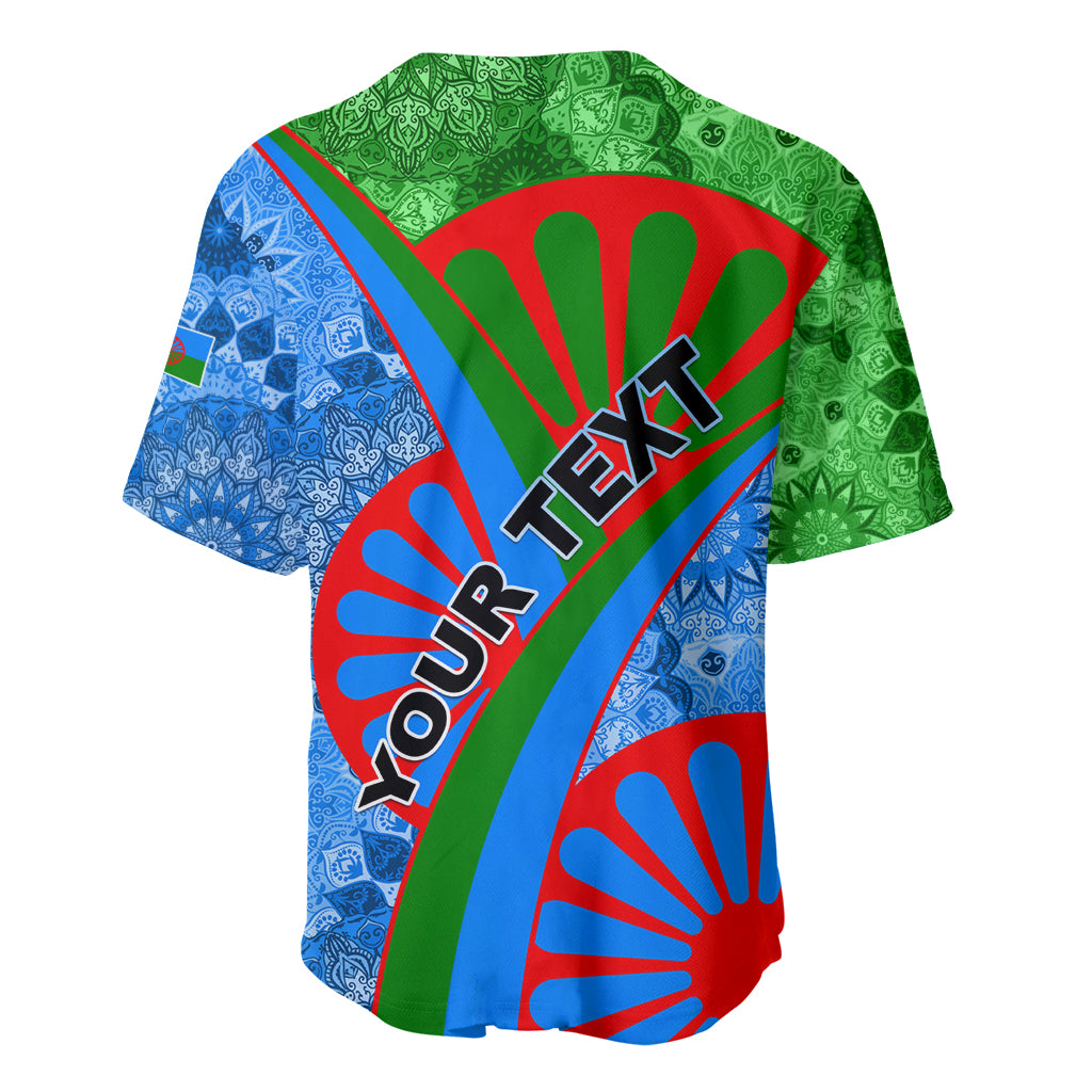 Baseball jersey with blue and green paisley, red accents, 'ROMANI' and 'TEX' print
