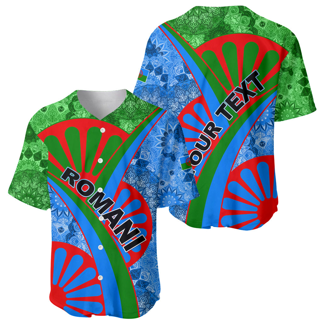 Baseball jersey shown front and back with blue-green tribal print and 'ROMANI' graphic