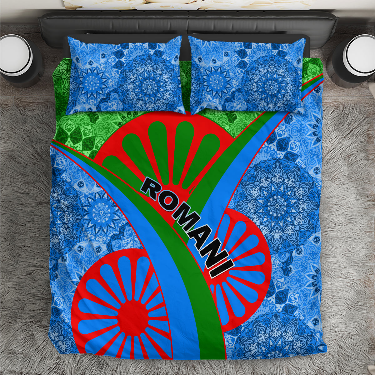 Romani bedding set with blue mandala pattern, green banner, red wheel, and ROMANI text