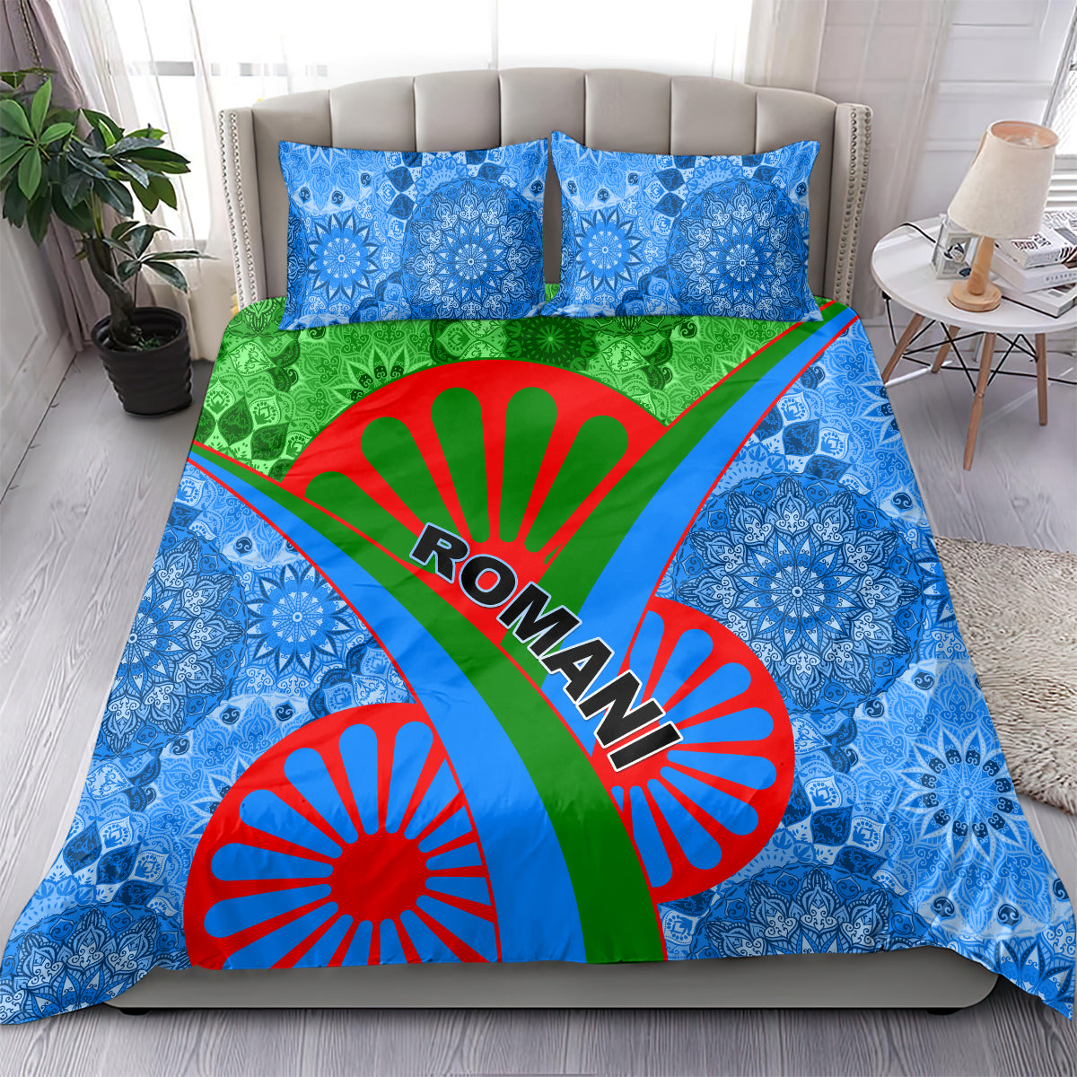 Romani bedding set with blue mandala bedding, green stripe panel, red wheel, and ROMANI wordmark