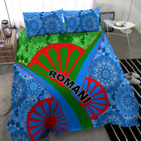 Romani bedding set with blue patterned duvet, green band, red wheel arcs, and ROMANI text