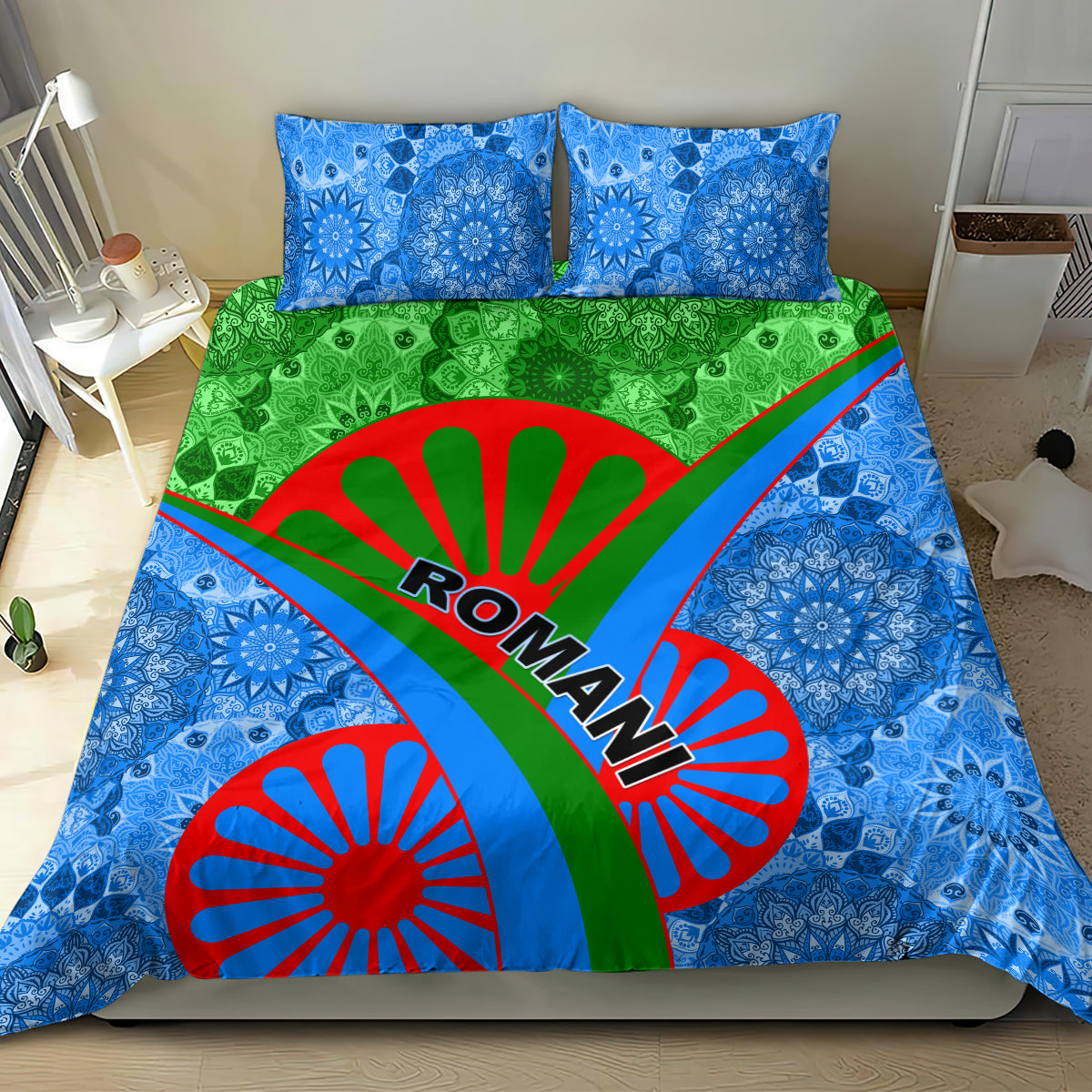 Romani bedding set with blue mandala duvet, green diagonal panel, red wheel graphic, ROMANI text