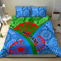 Romani bedding set with blue mandala duvet, green diagonal panel, red wheel graphic, ROMANI text
