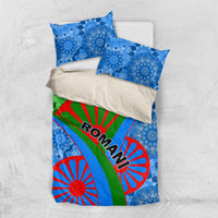 Romani bedding set with blue mandala design, green stripe, red wheel motifs, and ROMANI lettering