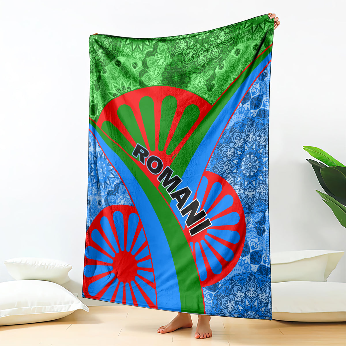 Green, blue, and red Roma pattern blanket hanging over a bed