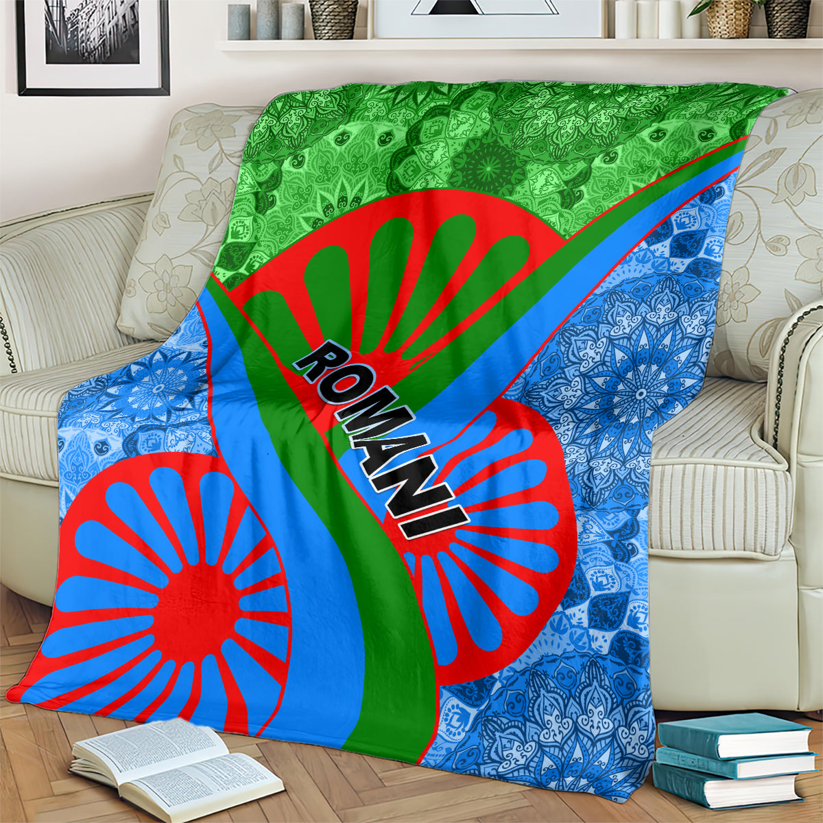 Green, blue, and red Roma pattern blanket spread on a couch