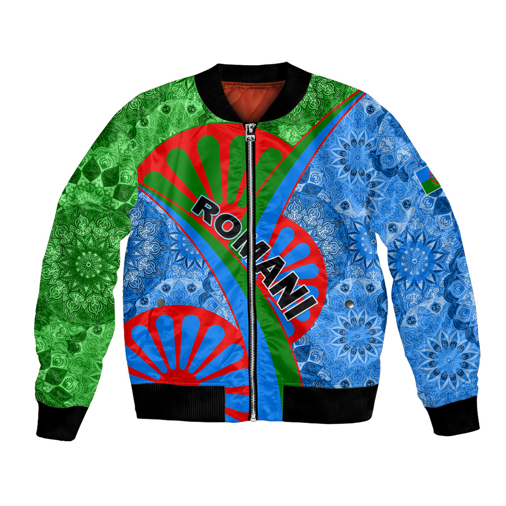 Multicolor tribal patterned bomber jacket with front zipper and ribbed collar/cuffs