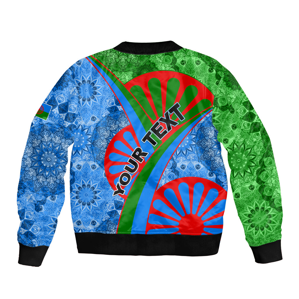 Multicolor tribal patterned bomber jacket with ribbed hem and collar, diagonal back panel
