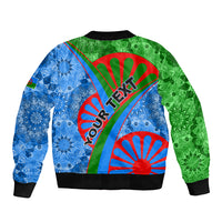 Multicolor tribal patterned bomber jacket with ribbed hem and collar, diagonal back panel