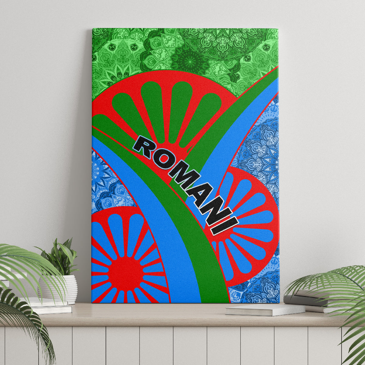 Green blue red tribal canvas wall art with decorative semicircle and 'ROMANI' text