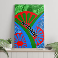 Green blue red tribal canvas wall art with decorative semicircle and 'ROMANI' text