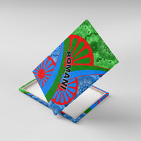 Rolled diamond-style view of green blue red canvas wall art with 'ROMANI' lettering