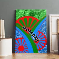 Green blue red canvas wall art featuring ornate background, semicircle arcs, 'ROMANI'