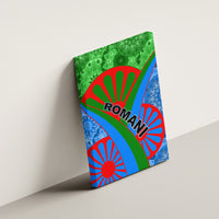 Canvas wall art with green top, blue side, red accents and 'ROMANI' in center