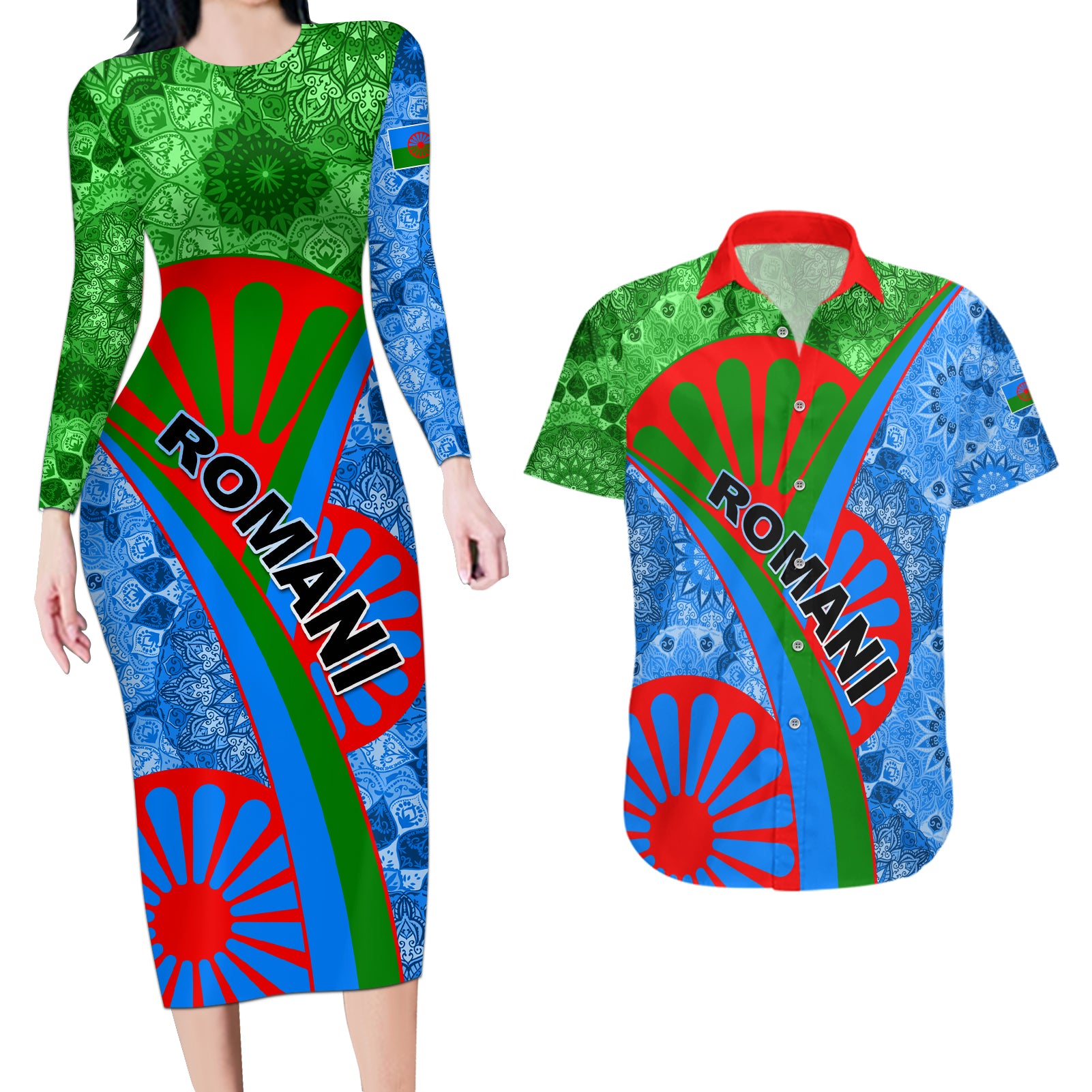 International Romani Day 2024 Couples Matching Long Sleeve Bodycon Dress and Hawaiian Shirt Gypsy Pattern Tribal - Wonder Print Shop