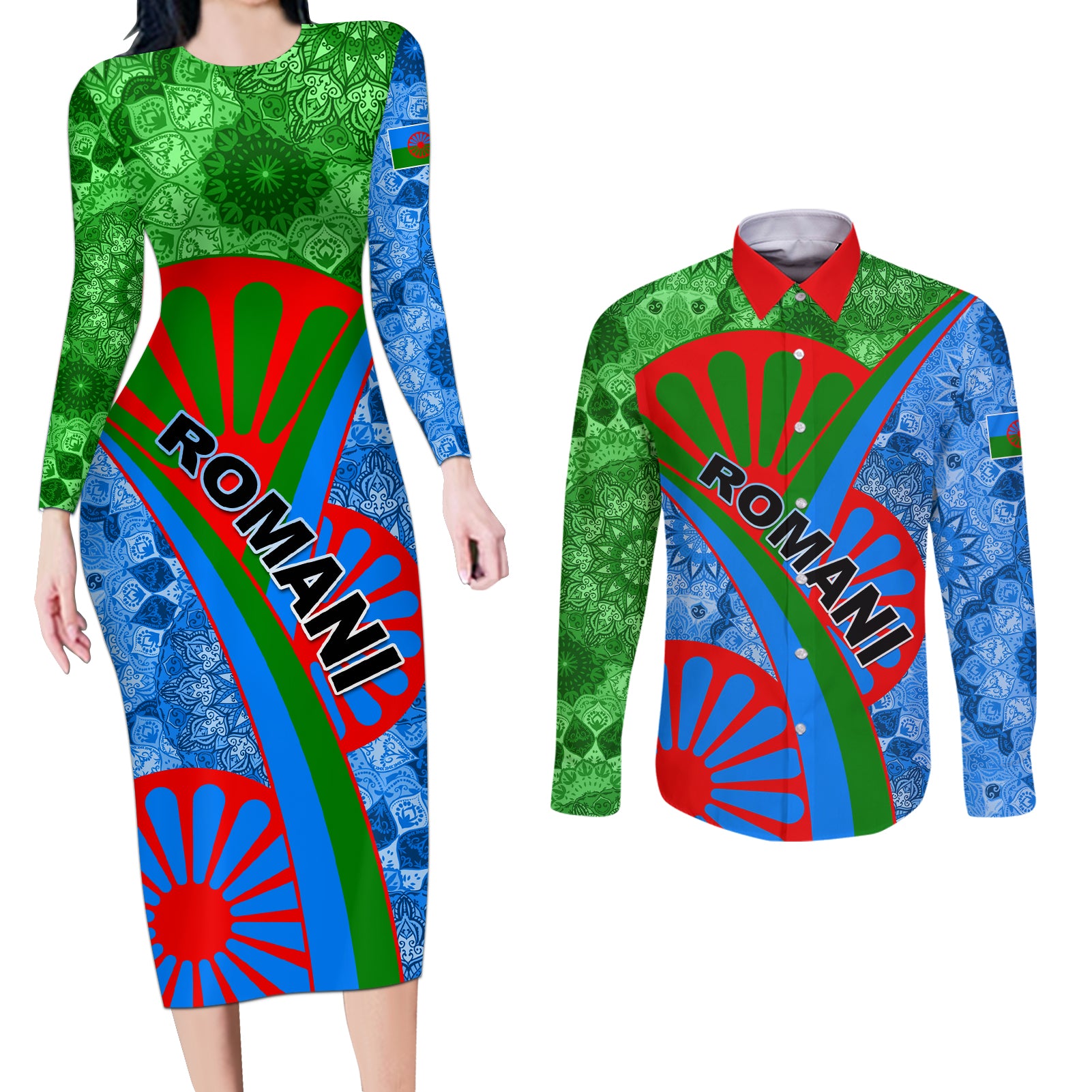 International Romani Day 2024 Couples Matching Long Sleeve Bodycon Dress and Long Sleeve Button Shirt Gypsy Pattern Tribal - Wonder Print Shop