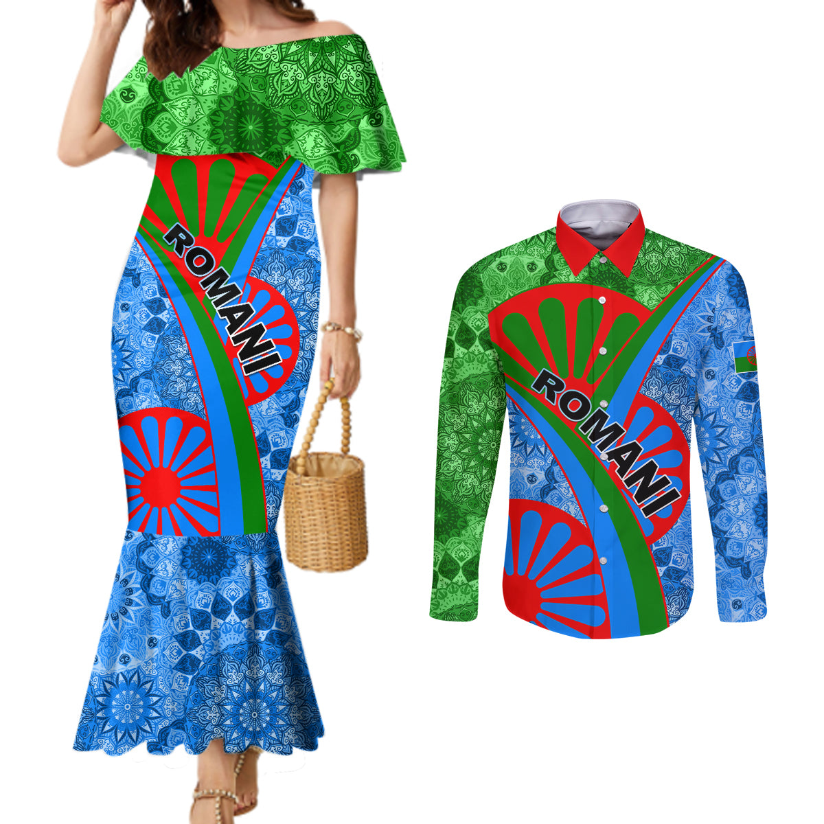 International Romani Day 2024 Couples Matching Mermaid Dress and Long Sleeve Button Shirt Gypsy Pattern Tribal