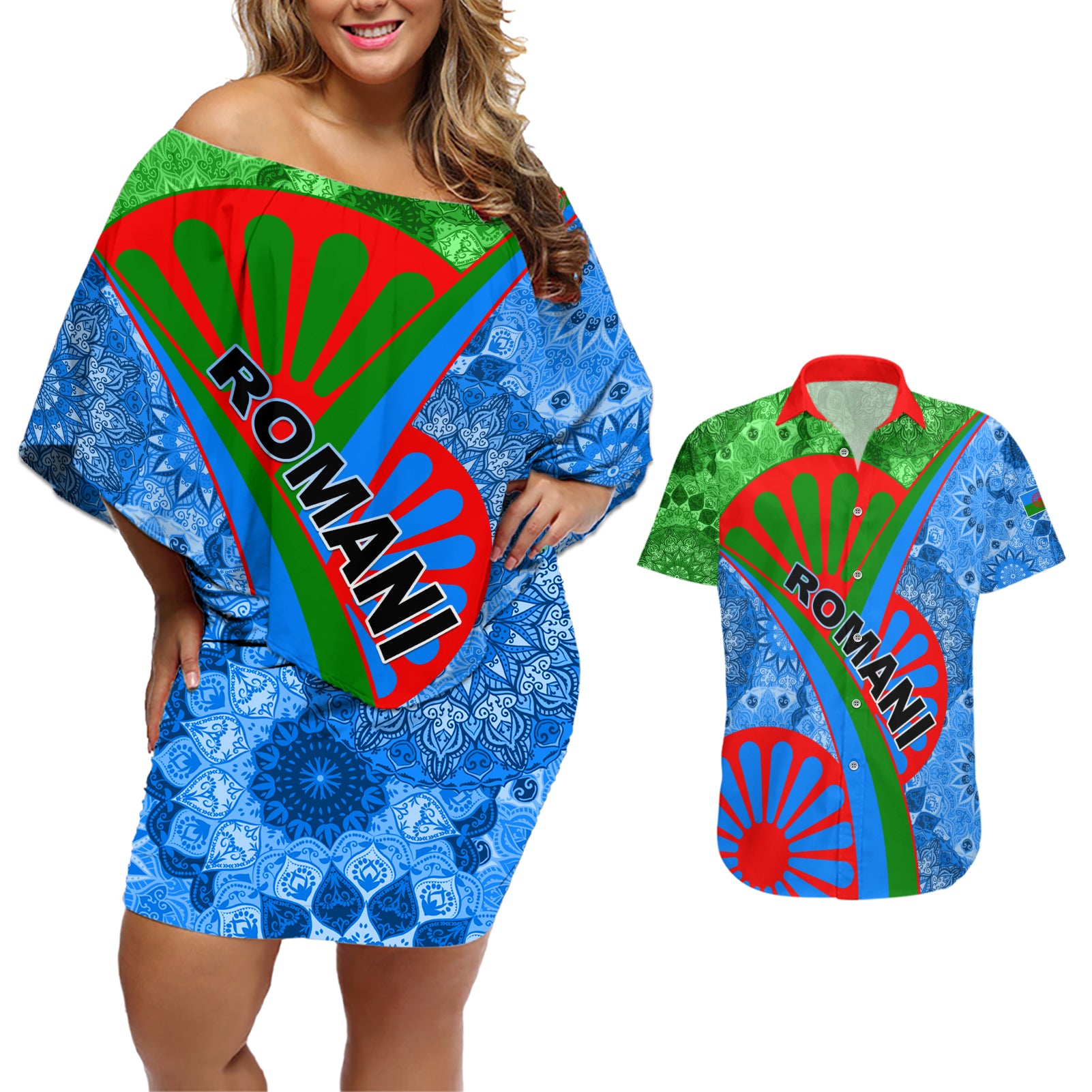 International Romani Day 2024 Couples Matching Off Shoulder Short Dress and Hawaiian Shirt Gypsy Pattern Tribal - Wonder Print Shop