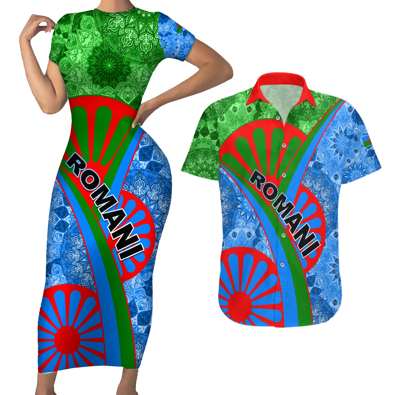 International Romani Day 2024 Couples Matching Short Sleeve Bodycon Dress and Hawaiian Shirt Gypsy Pattern Tribal - Wonder Print Shop