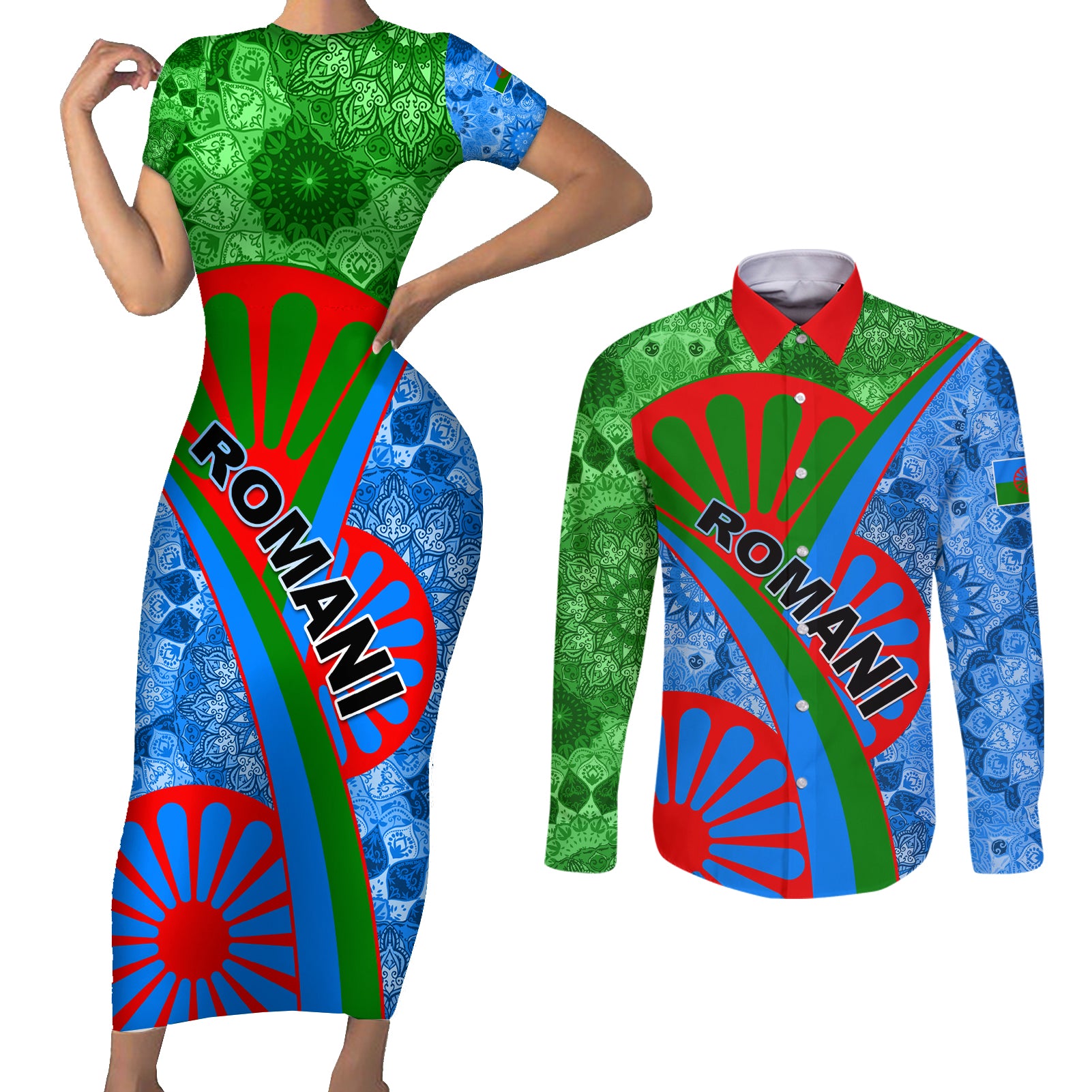 International Romani Day 2024 Couples Matching Short Sleeve Bodycon Dress and Long Sleeve Button Shirt Gypsy Pattern Tribal - Wonder Print Shop