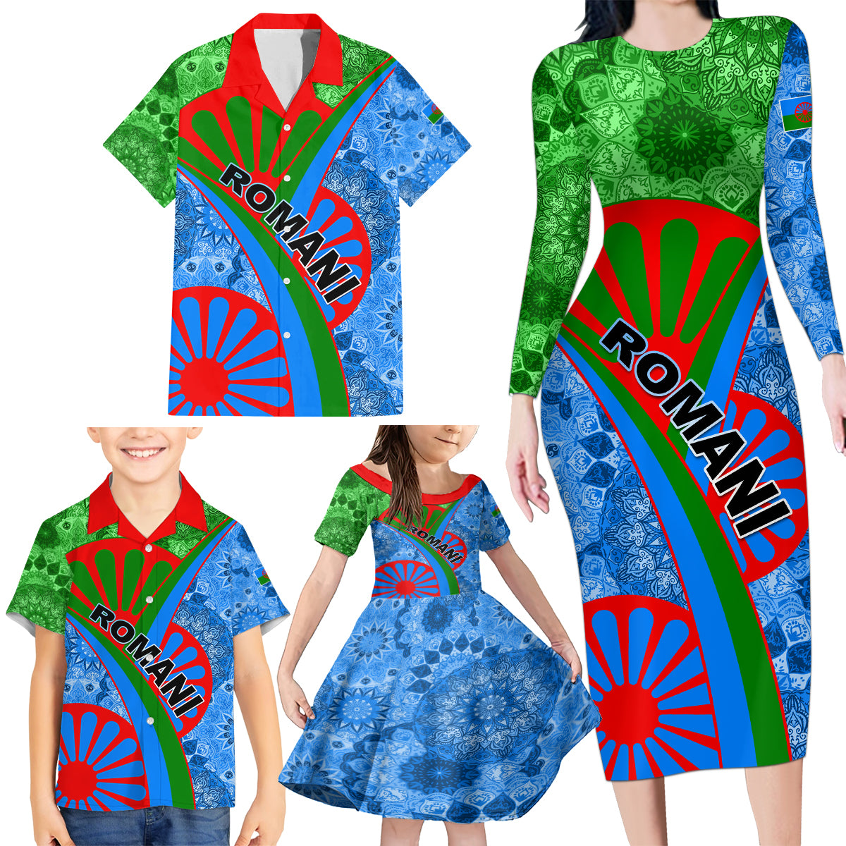 International Romani Day 2024 Family Matching Long Sleeve Bodycon Dress and Hawaiian Shirt Gypsy Pattern Tribal - Wonder Print Shop