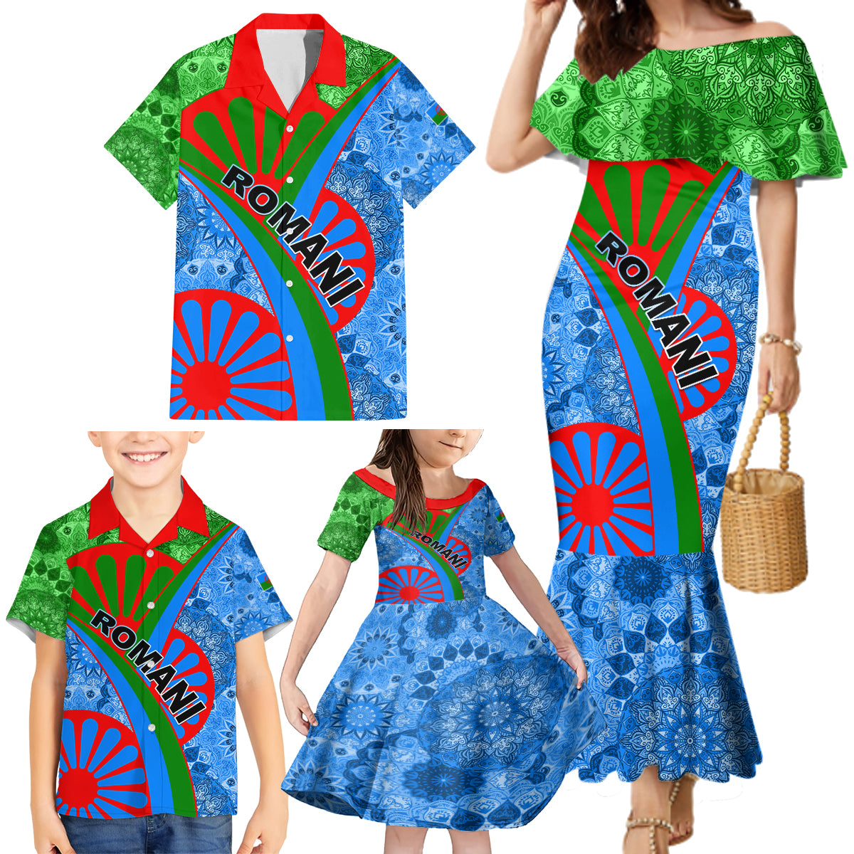 International Romani Day 2024 Family Matching Mermaid Dress and Hawaiian Shirt Gypsy Pattern Tribal - Wonder Print Shop