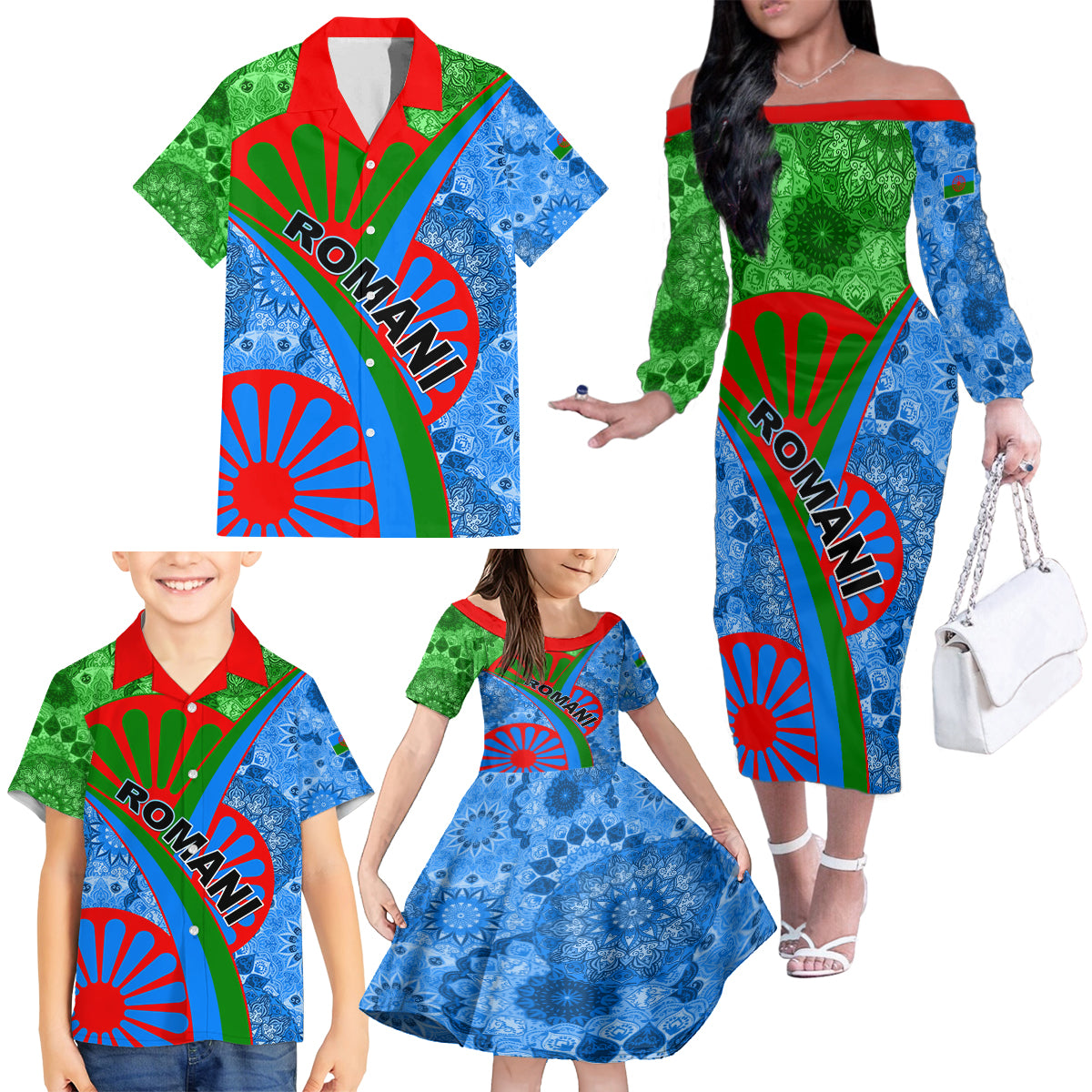 International Romani Day 2024 Family Matching Off The Shoulder Long Sleeve Dress and Hawaiian Shirt Gypsy Pattern Tribal - Wonder Print Shop