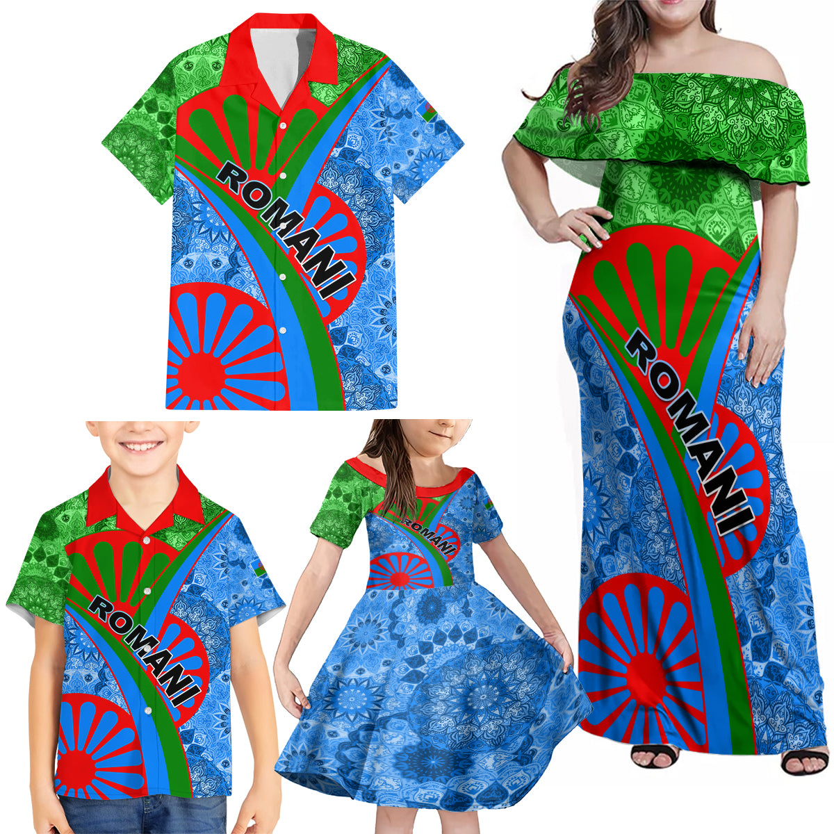 International Romani Day 2024 Family Matching Off Shoulder Maxi Dress and Hawaiian Shirt Gypsy Pattern Tribal - Wonder Print Shop