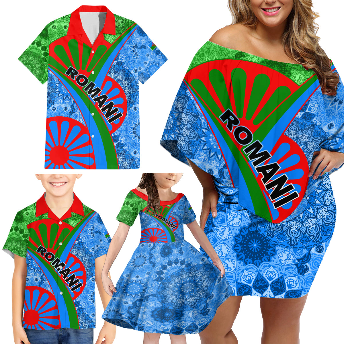 International Romani Day 2024 Family Matching Off Shoulder Short Dress and Hawaiian Shirt Gypsy Pattern Tribal - Wonder Print Shop